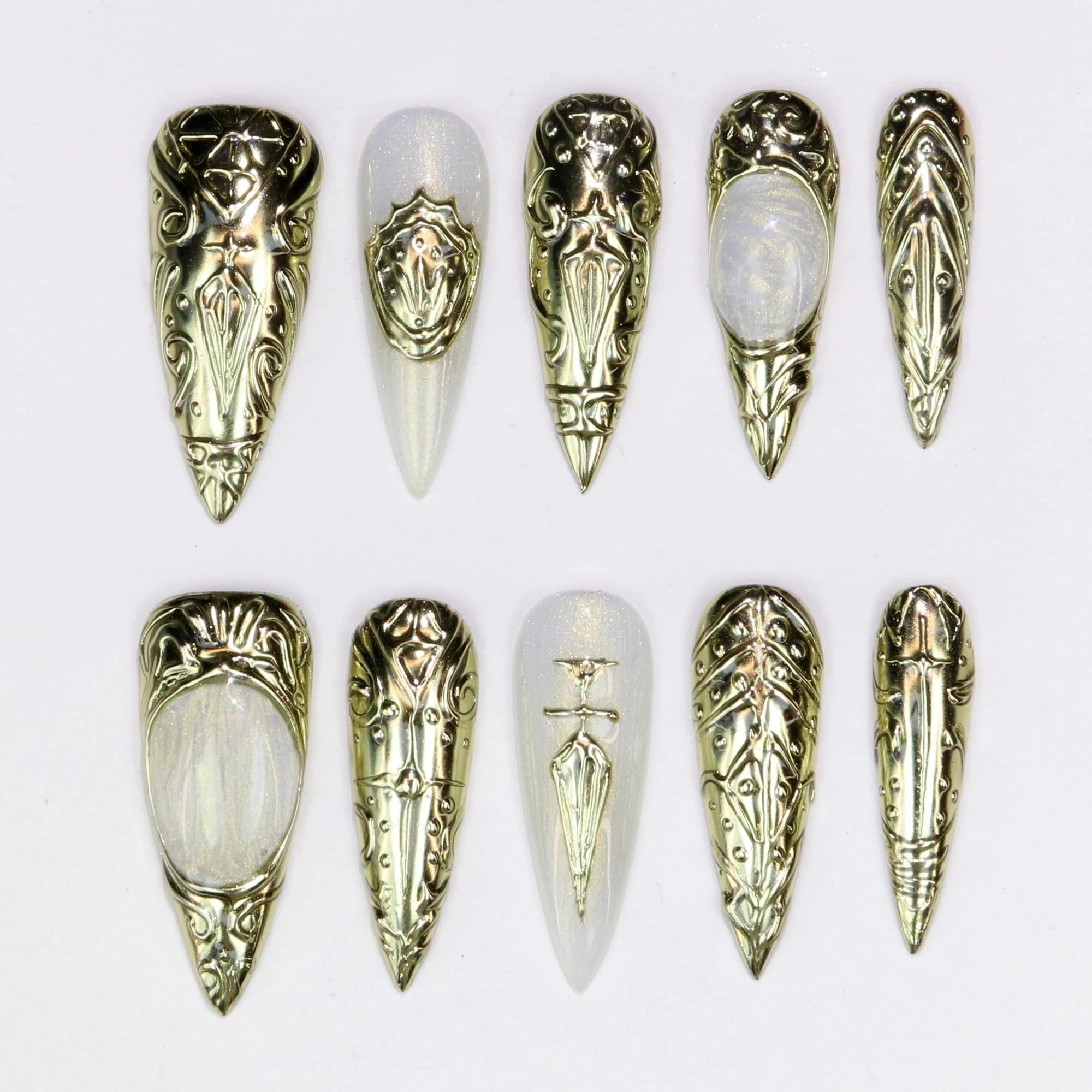10Pcs 3D Custom Long Stiletto Press on Nails Glossy Gothic style Beautiful Handpainted Nails Suitable for Wedding Events