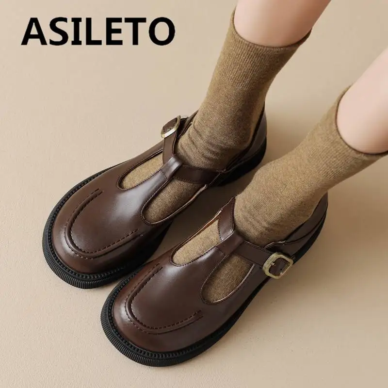 ASILETO Mary Shoes For Women Round Toe Buckle T-strap Leisure Plus Size 41 42 43 Cute Concise Girls Student Flats