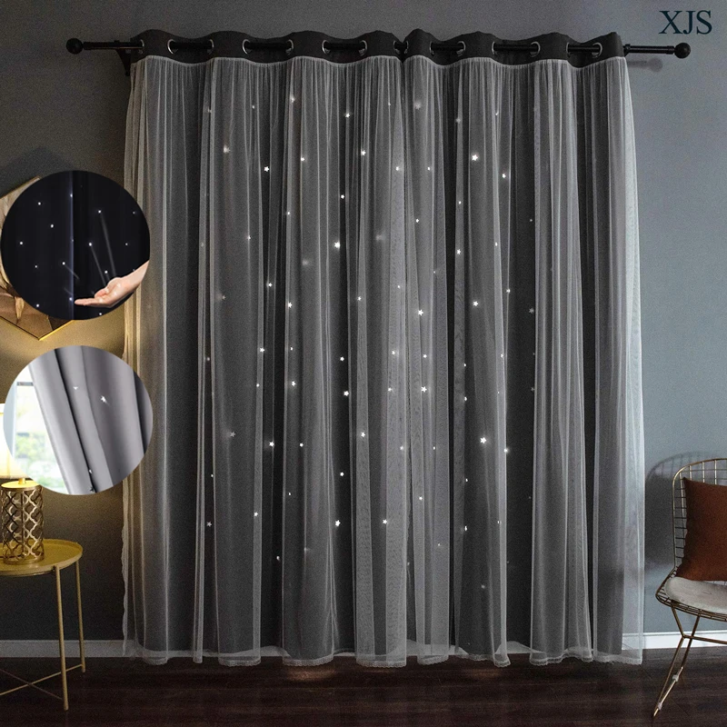 Sheer Overlay Curtains for Girls Bedroom Grey Curtains with Double Layer Curtains for Bedroom Star Cutout Curtains for Kids Room