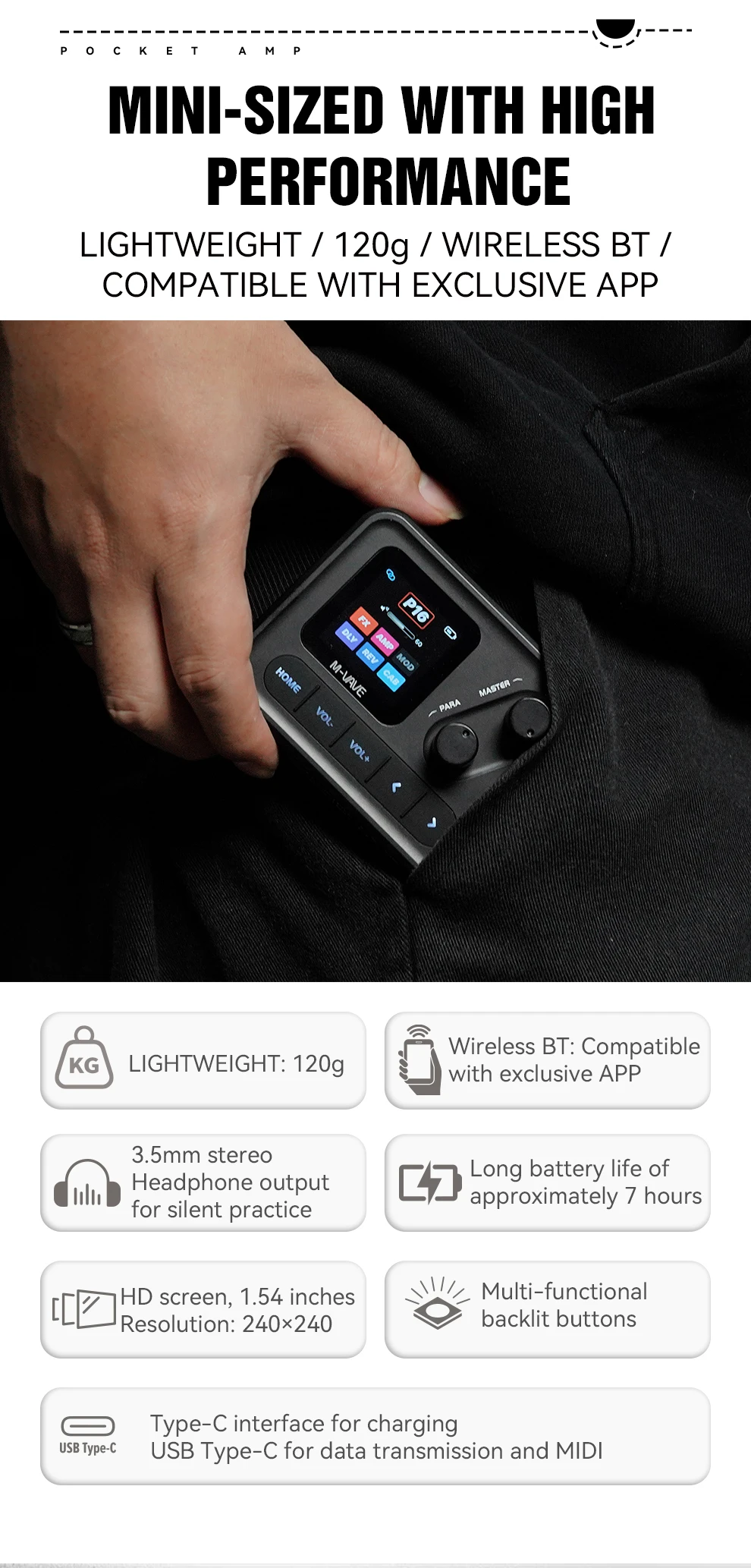 เอฟเฟคกีตาร์ M-VAVE POCKET AMP/หน้าจอสี 1.5 นิ้ว/อินเทอร์เฟซเสียง USB/แบตเตอรี่ 7 ชั่วโมง/IR Loader/บลูทูธ/สำหรับกีตาร์ไฟฟ้า/เบส
