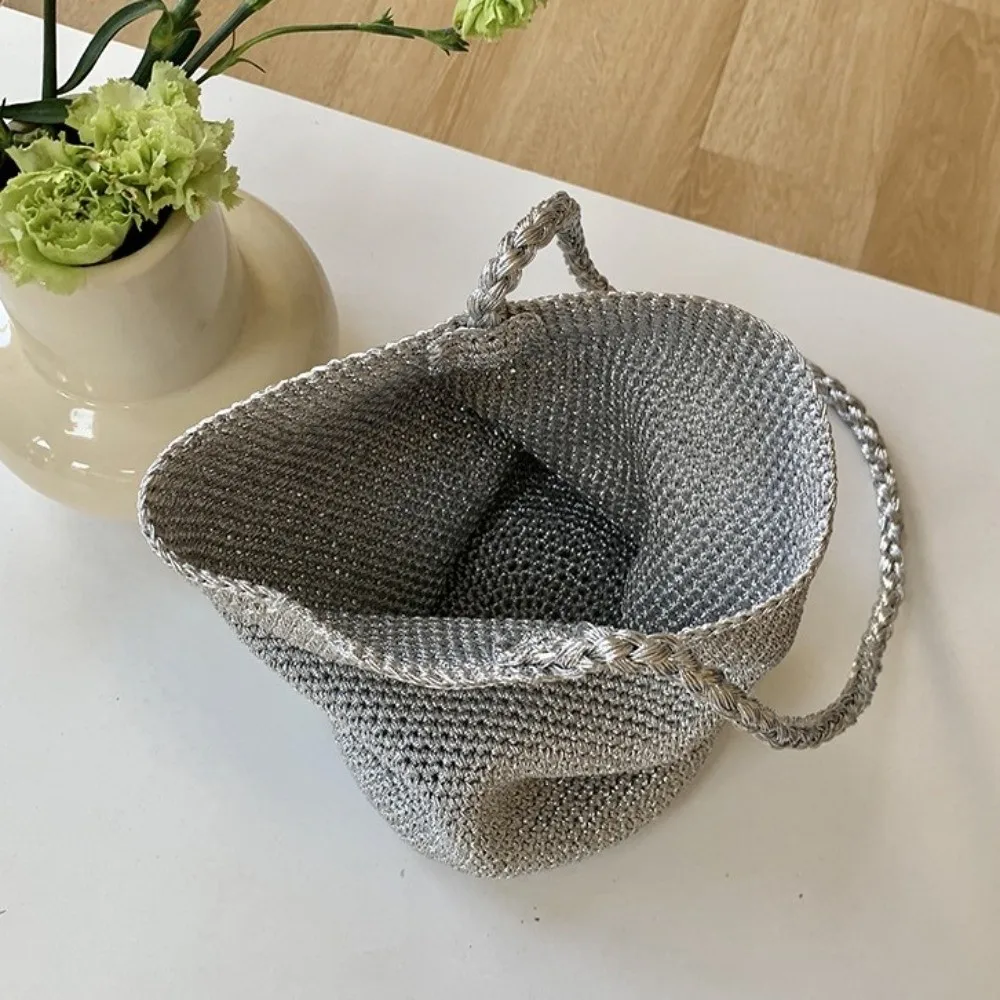 Casual Large Capacity Handwoven Bucket Bag Boho Straw Design Metal Line Bucket Bag Handmade Solid Color Crossbody Bag Gifts view 2