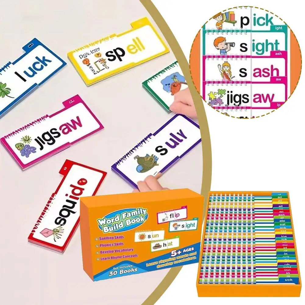 

30 шт., флип-книги для чтения и рифмов, обучающий обучающий набор для детей, фоника, чтение, словарный запас, правописание, флэш-карты, аксессуары