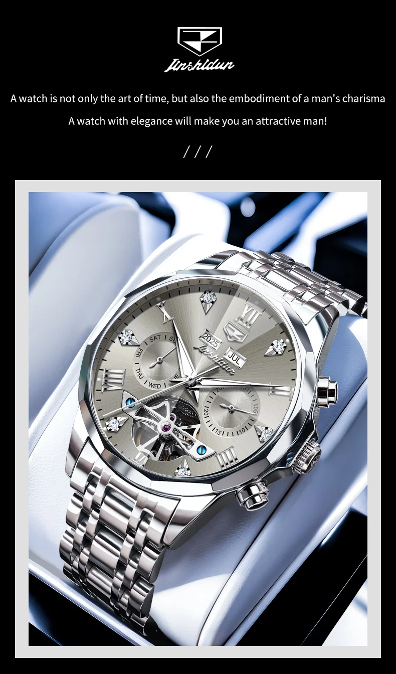 JINSHIDUN 8989 Luxus-Herrenuhr Mode Skelett-Schwungrad Automatikuhren für Herren Rhombus-Spiegel Business Mechanische Uhr für Männer – Detail 3