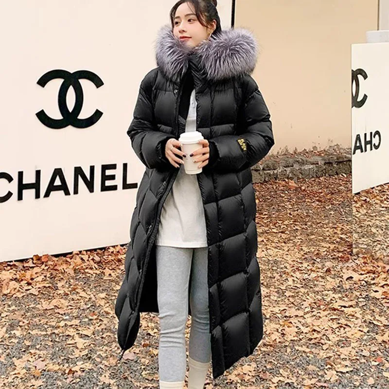 Overcoat Silver Fox Fur Collar Women Down Jacket 2023 New Winter Warm Hooded Elegant High Quality  Fashion Women Down Jacket Y25