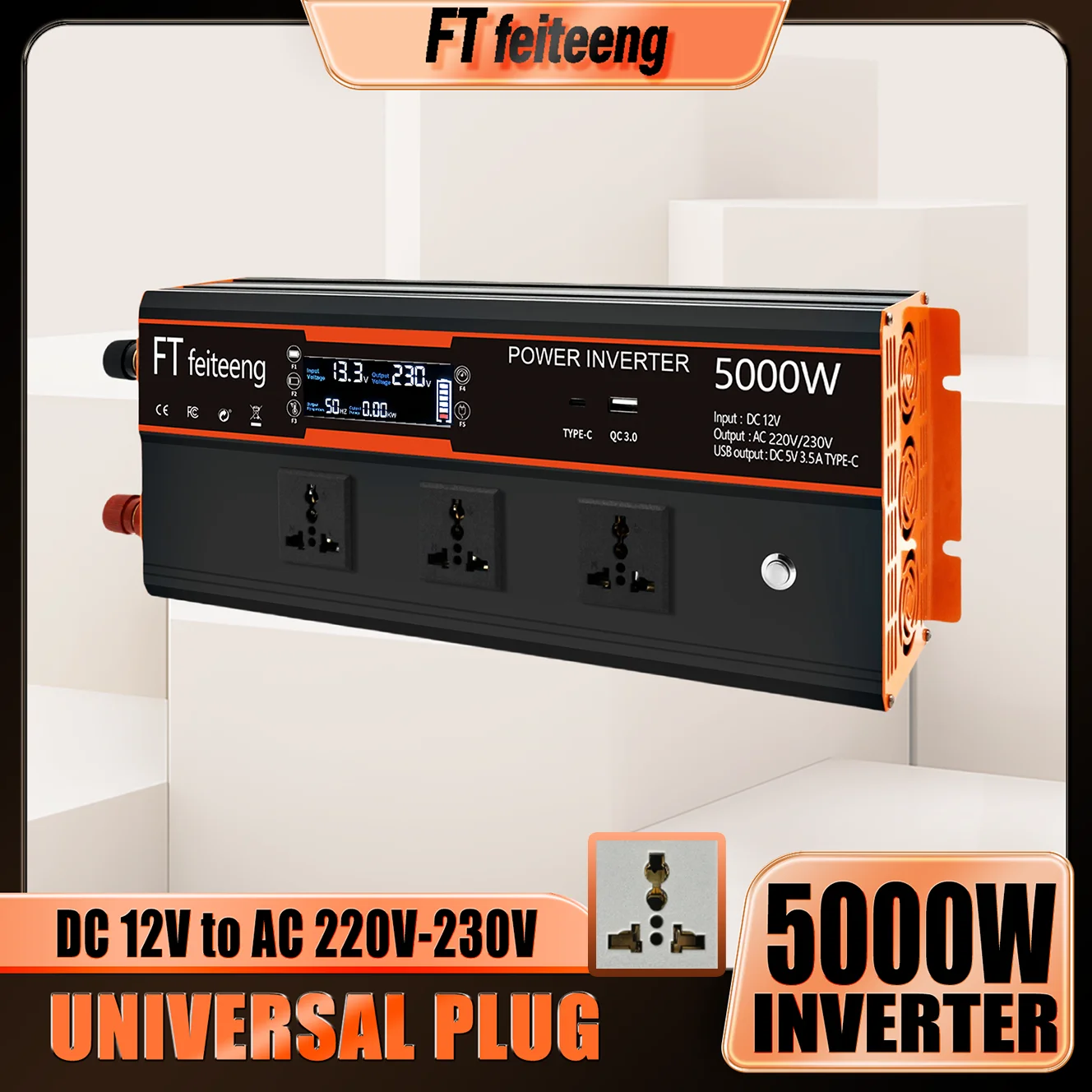

FT feiteen 5000W Power Inverter 12V to 220V Universal Plug for Home Appliances Solar System RV Camping, with LCD Display