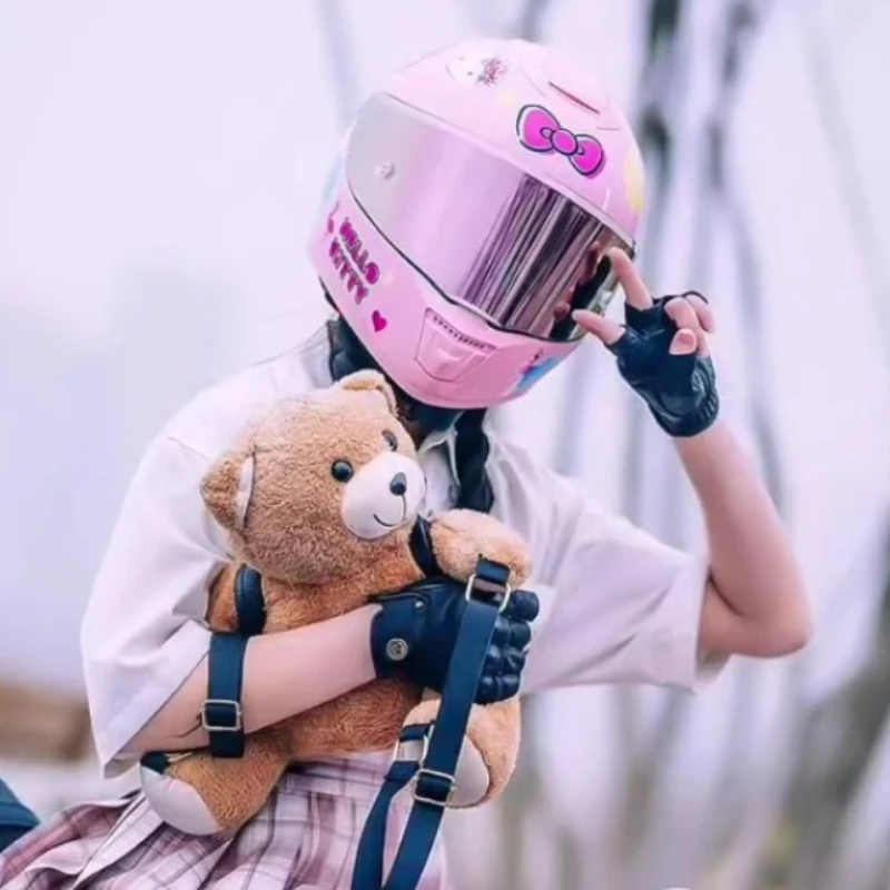 DOT Certification Women Motorcycle Helmet Gift Colour Lens Pink Cute Cartoon Capacete Dual D-Buckle Spider Hello Girl For BMW