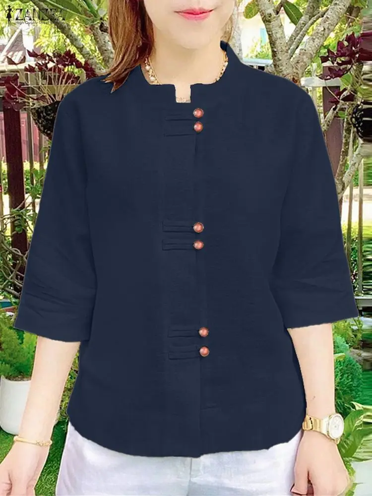 Vintage Shirts ZANZEA Vrouwelijke Katoenen Blouse Herfst Shirt Vrouwen Stand Hals 3/4 Mouw Werk Tops Casual Solid Knoppen Blusas 2025