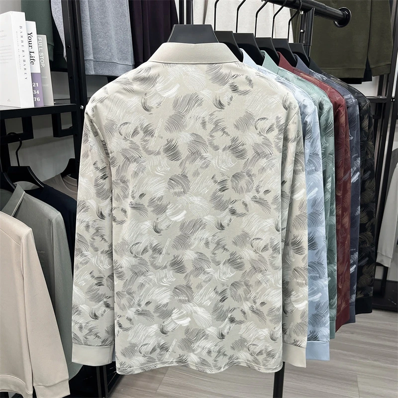 Herren-Polohemd mit abstraktem Blattmuster, langen Ärmeln, umgeschlagenem Kragen, atmungsaktivem, glattem Stoff, für den täglichen, lässigen Gebrauch. – Detail 16