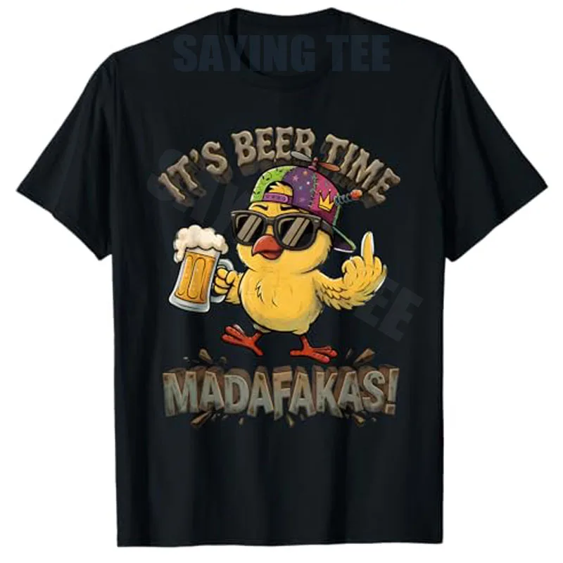 Lustiges Hühner-Bier-Zeit-Meme-T-Shirt im Vintage-Stil, Y2K Rebellisches Hühner-Ästhetik-Streetwear-Kleidungsstück für Trinkende Männer