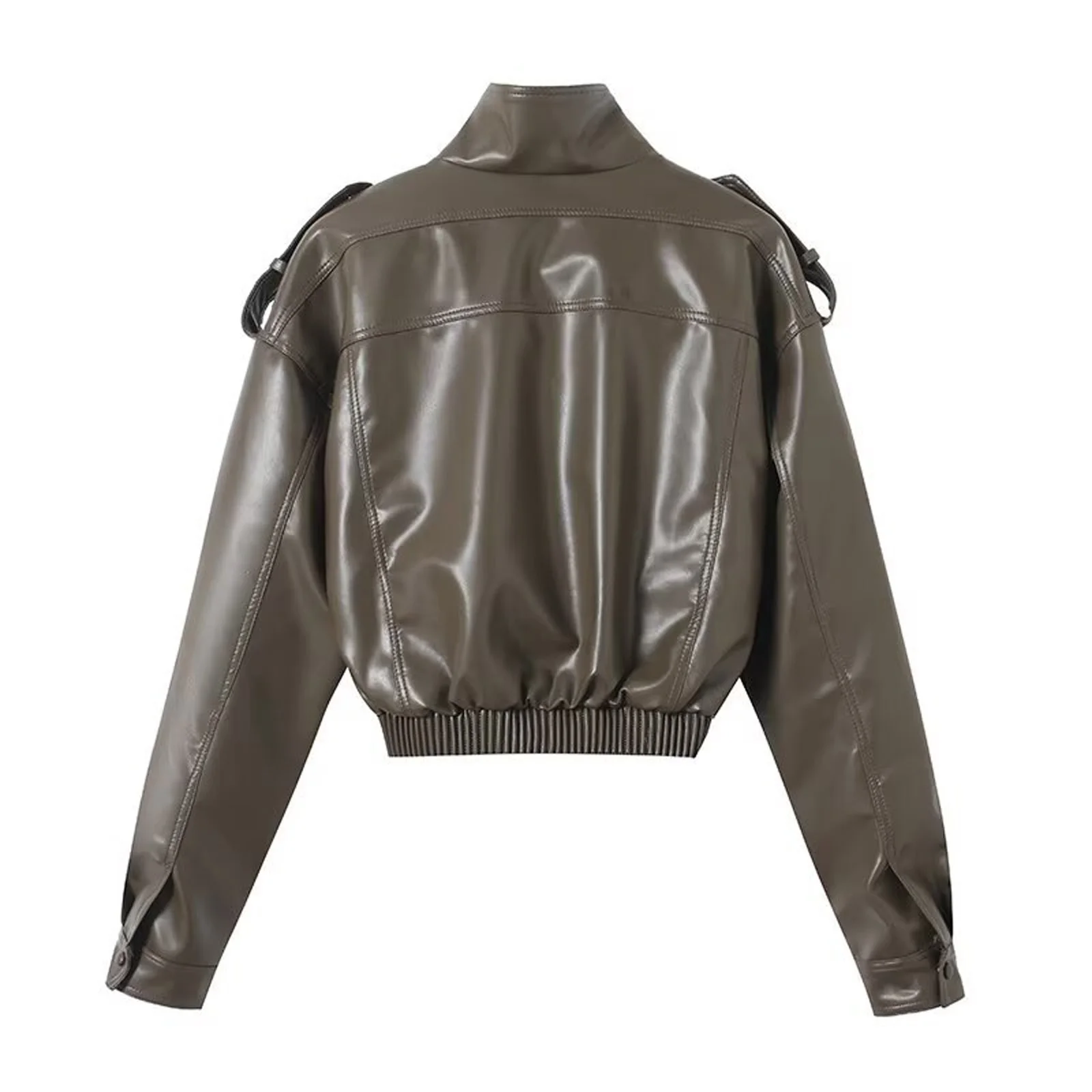 Jaqueta Bomber Feminina de Couro Sintético Cropped Vintage com Zíper Frontal, Gola Lapela e Múltiplos Bolsos – Casaco Quente de Inverno