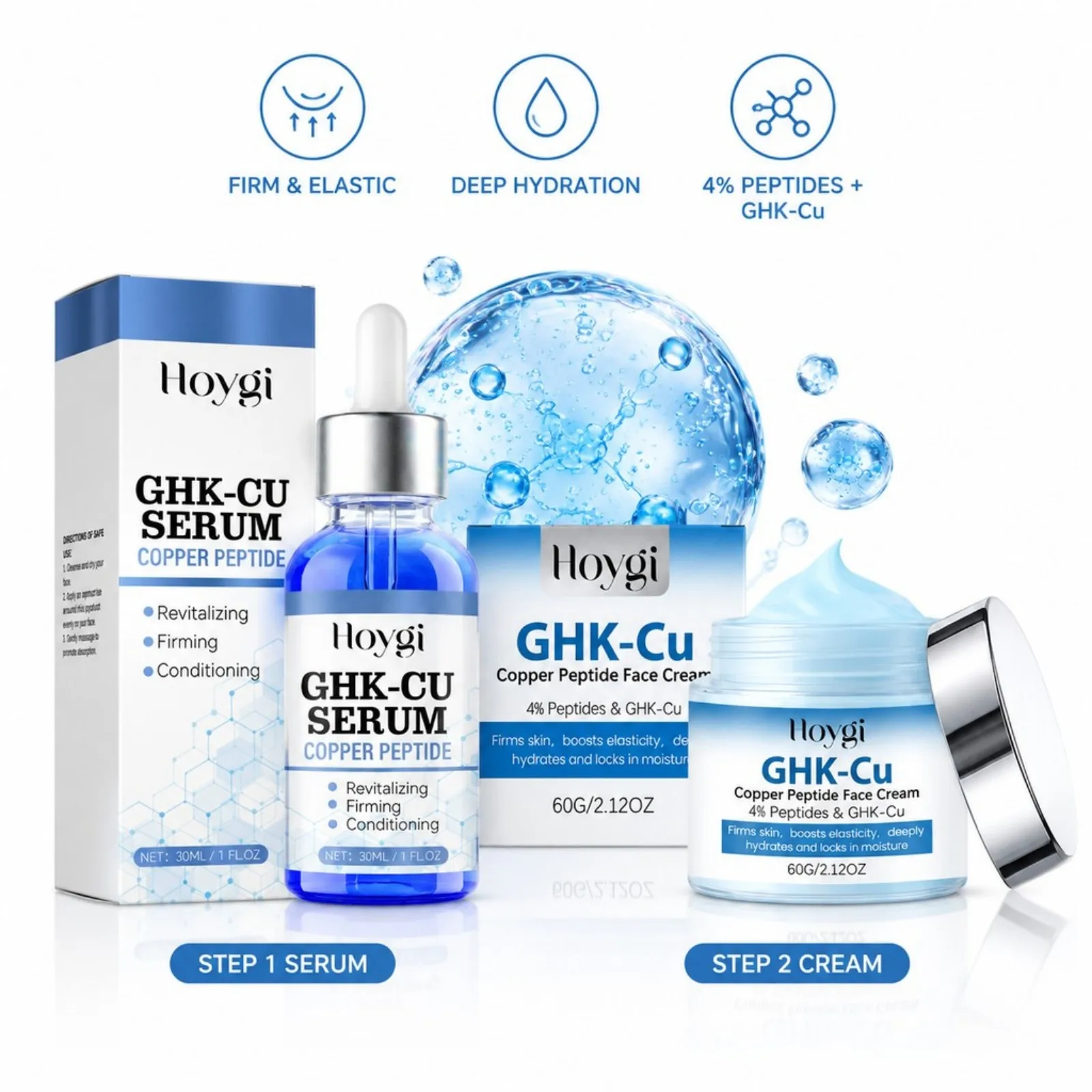 30ml Copper Peptide Serum + 60g Face Moisturizing Cream GHK-Cu Hyaluronic Acid Face Firming Lifting Fade Fine Lines Shrink Pores