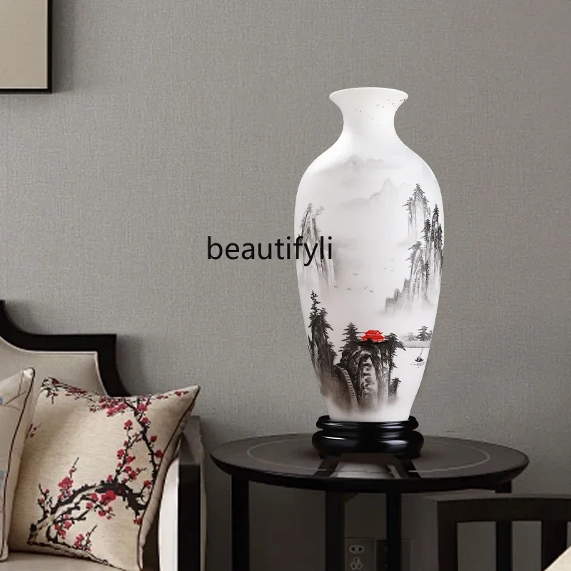

A57 Hand-painted landscape suet jade porcelain Guanyin bottle Chinese living room Bogu rack decorative vase