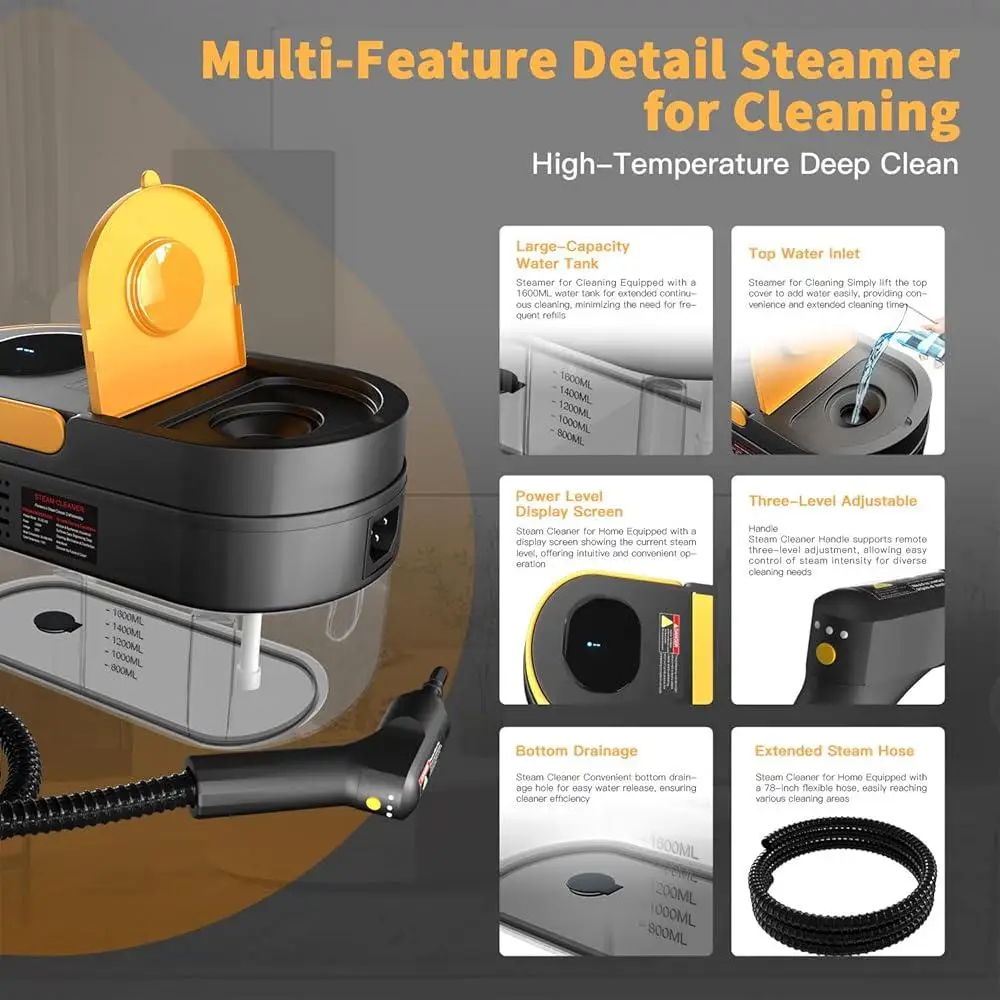 Portable Steam Cleaner 1500W 3-Level Adjustable Handheld Steamer 15s Heat-Up 11 Accessories Ideal Home Bathroom Upholstery Grout