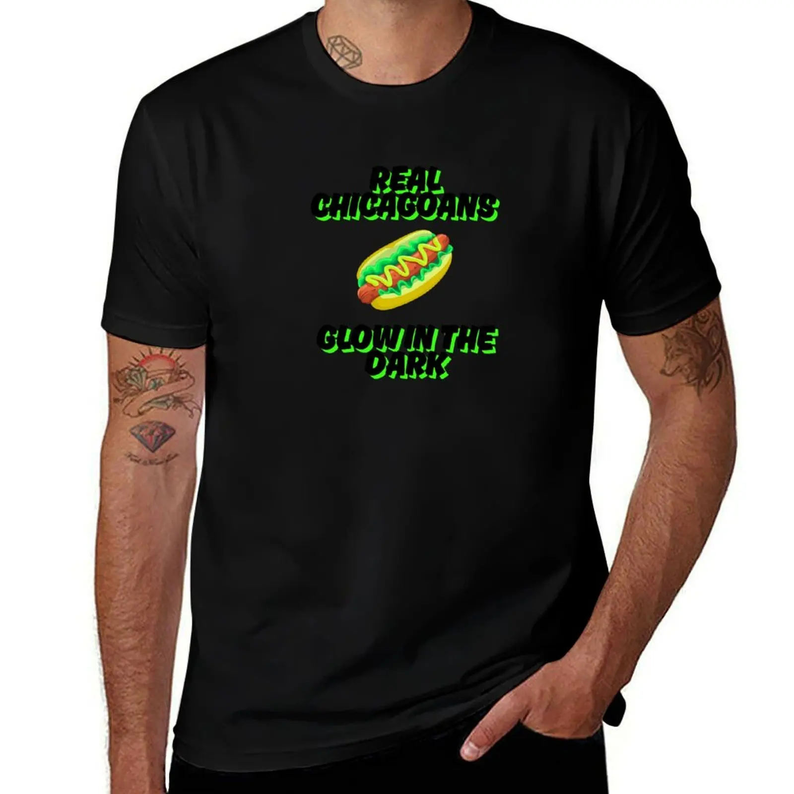 

Real Chicagoans Glow in the Dark Chicago Hot Dogs T-Shirt blue archive sweat valentines boutique clothes workout shirts for men