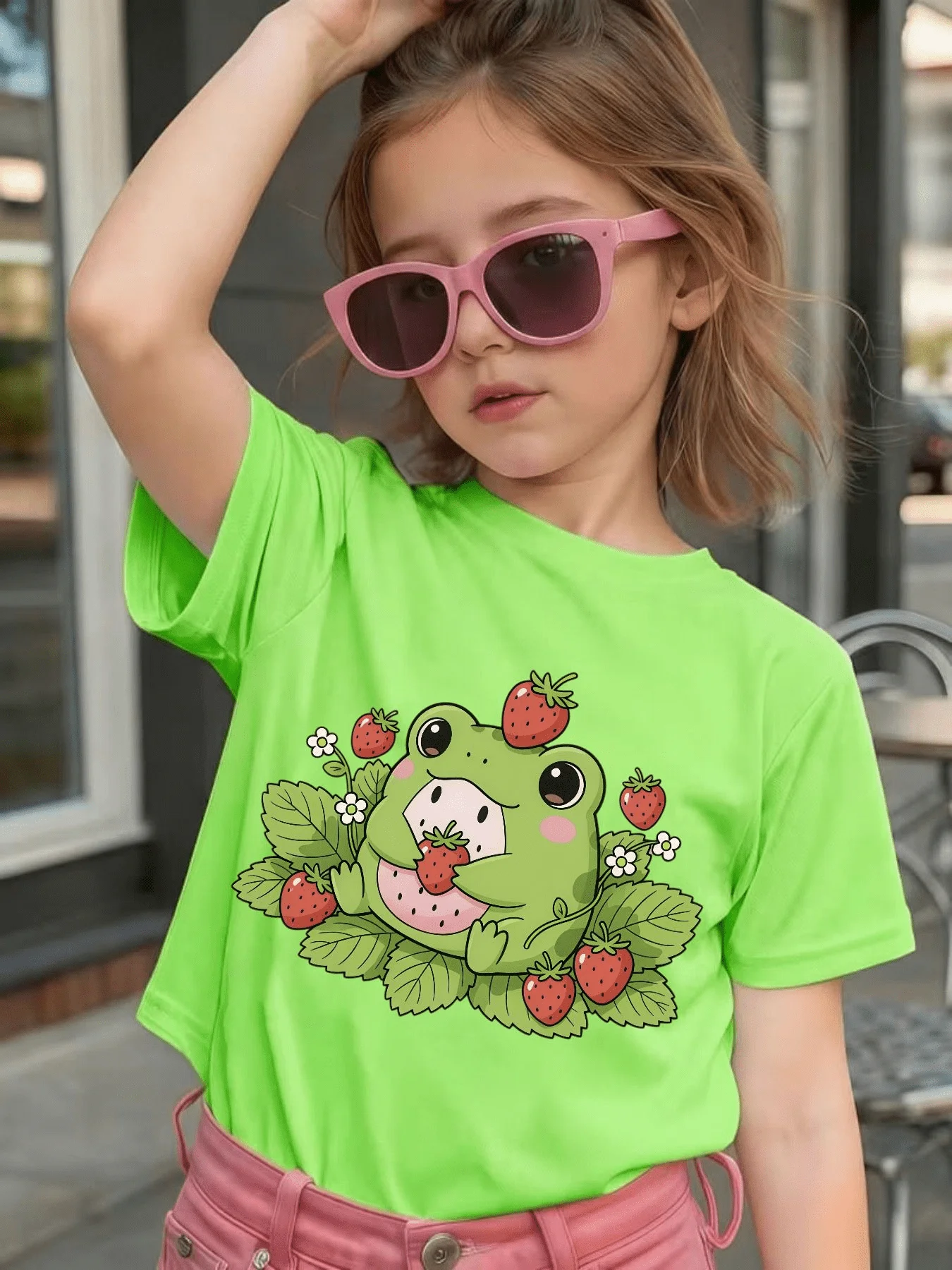 Strawberry Frog Floral Leaf Print Kids T Shirt Cotton Short Sleeve Boys Girls Parent Child Sweet Lovely Summer Daily Casual Tees