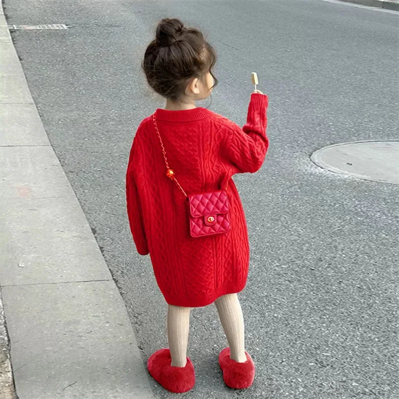 Childrens Clothing 2024 Korean Girls Versatile Dress 2024 Spring  Autumn New Girls Baby Coffee Colored Sweater Long Skirt