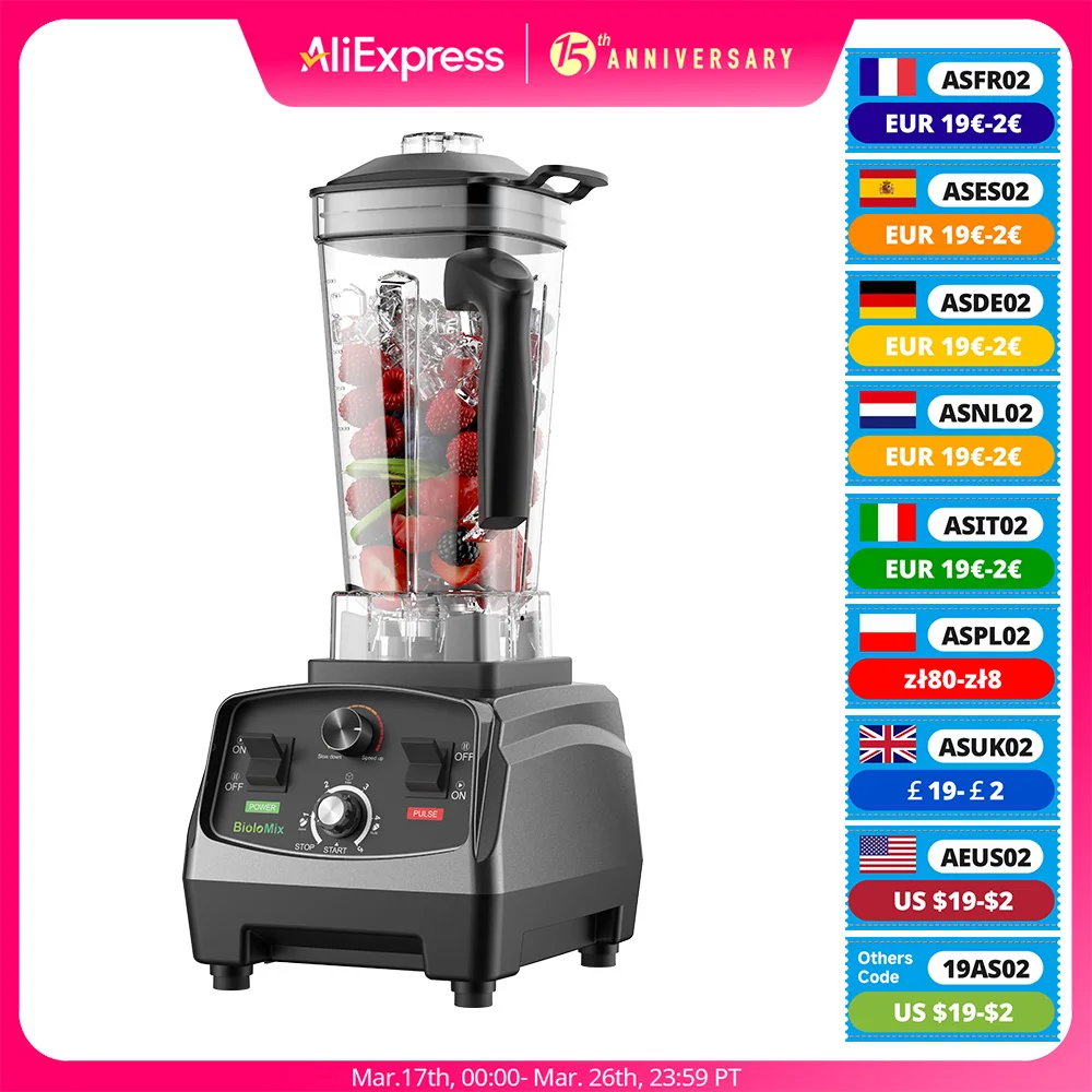 BioloMix 3HP 2200W robuste minuterie de qualité commerciale mélangeur presse-agrumes fruits robot culinaire Smoothies sur glace sans BPA pot de 2L