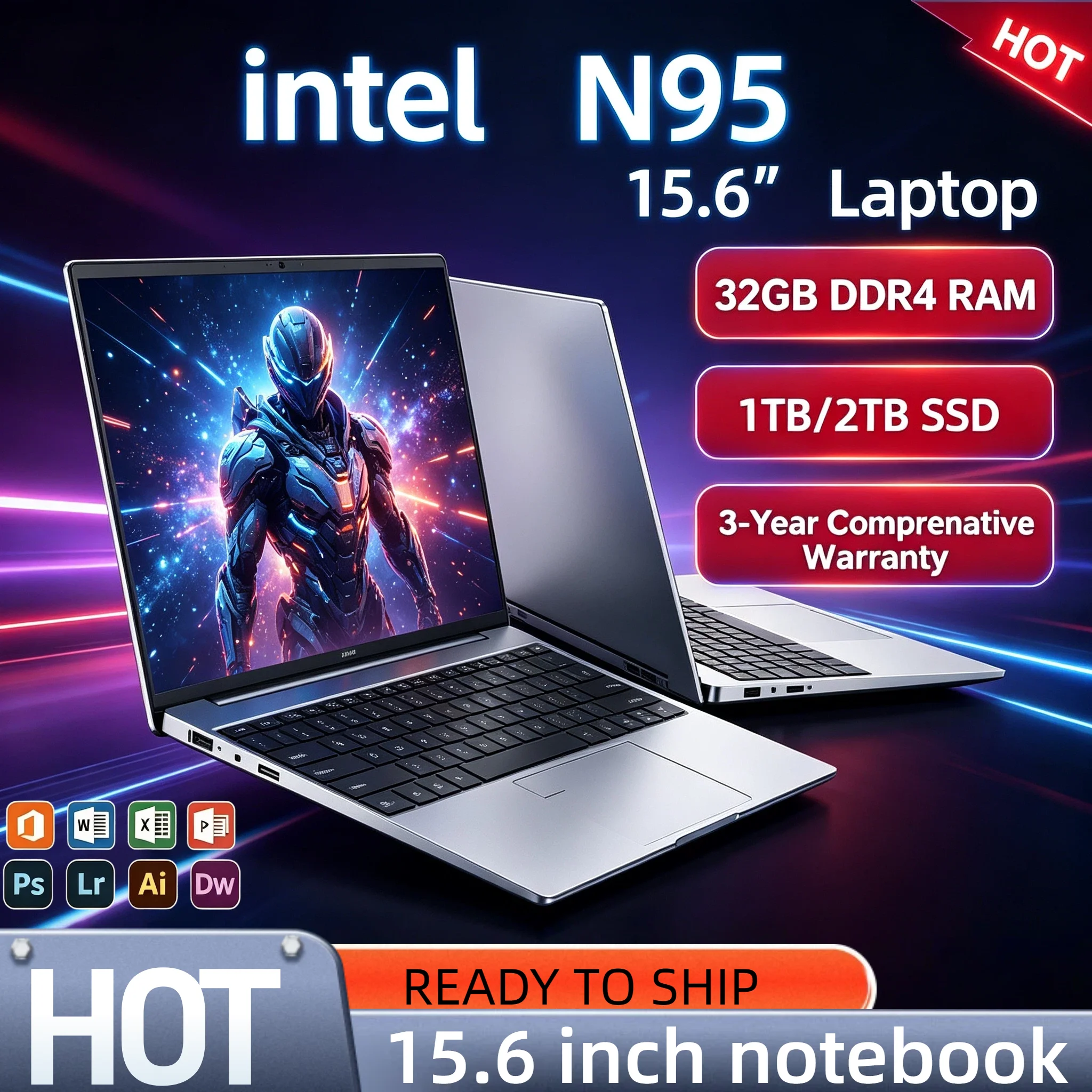 Intel N95 2026 15.6 Inch Gaming Laptop 32GB DDR4 2TB SSD 7500mAh Office Notebook Backlit Fingerprint Pro Unit Pro