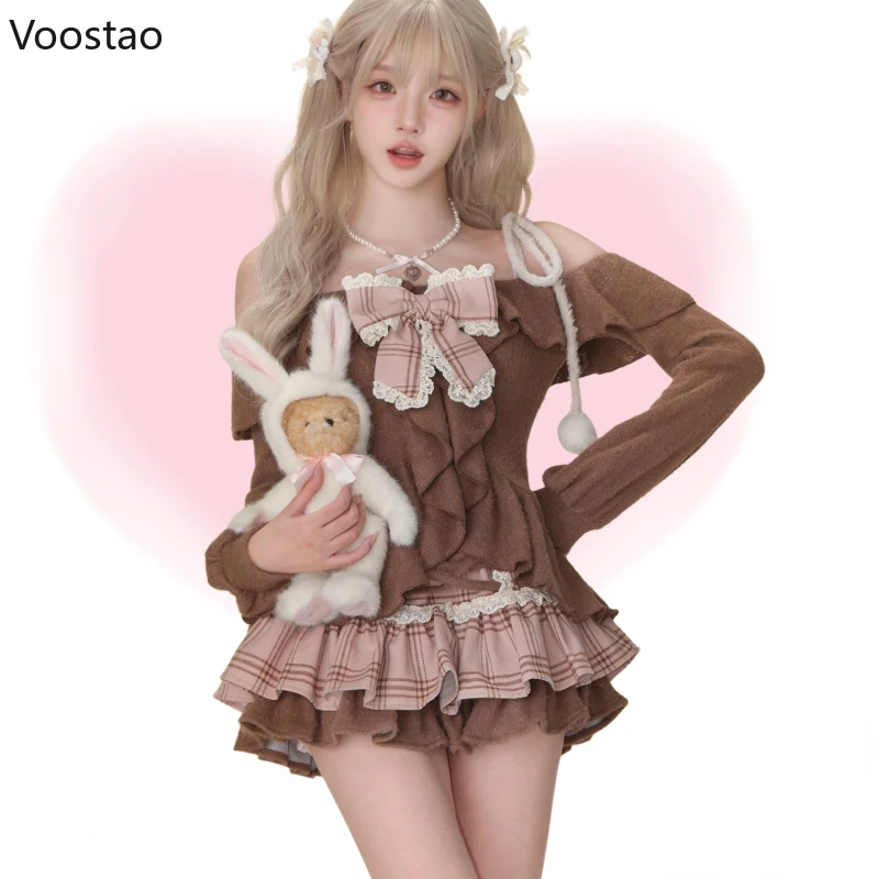 Japanse Zoete Lolita 2-delige sets Vrouwen Retro Off Schouder Boog Blouse Tops Plaid Cake Mini Rok Meisjes Kawaii Y2k Slanke outfits