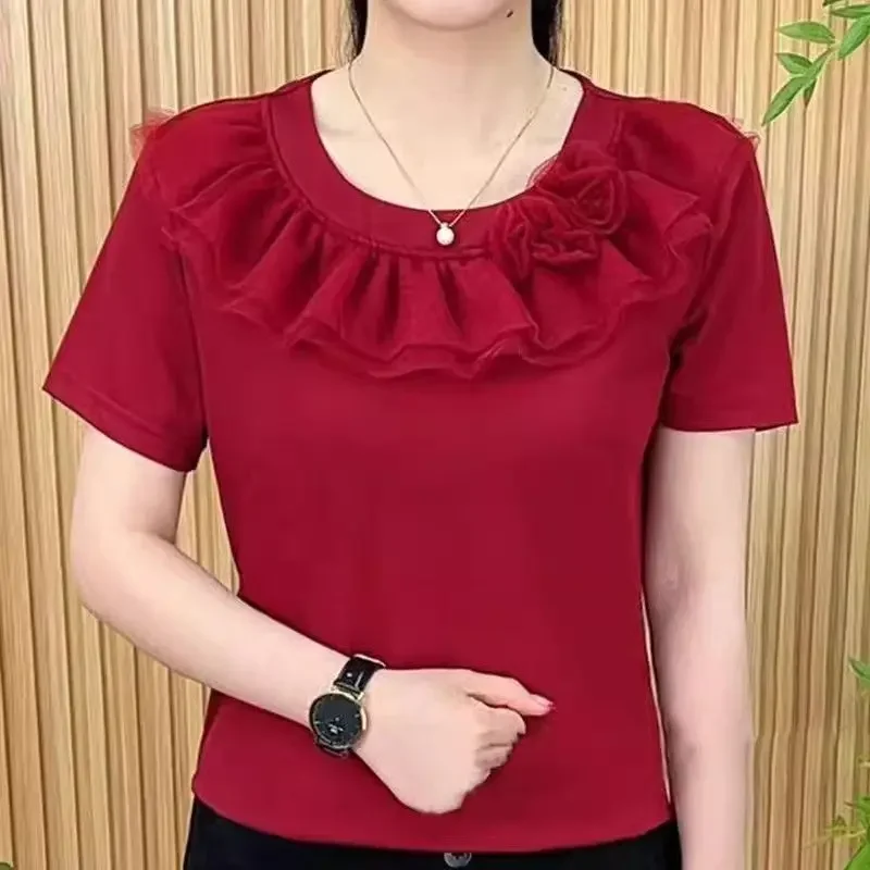 Temperature Round Neck T-shirt Short-sleeved Shir Solid Color New Summer Age-reducing and Fashionable Versatile Top WJ143