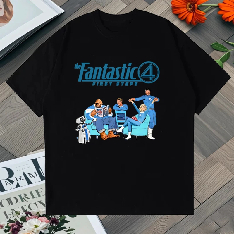 

2025 Summer The Fantastic Four First Steps Pattern Printed Loose T-shirt 100% Cotton Men Women short sleeve Tee shirt Unisex Top