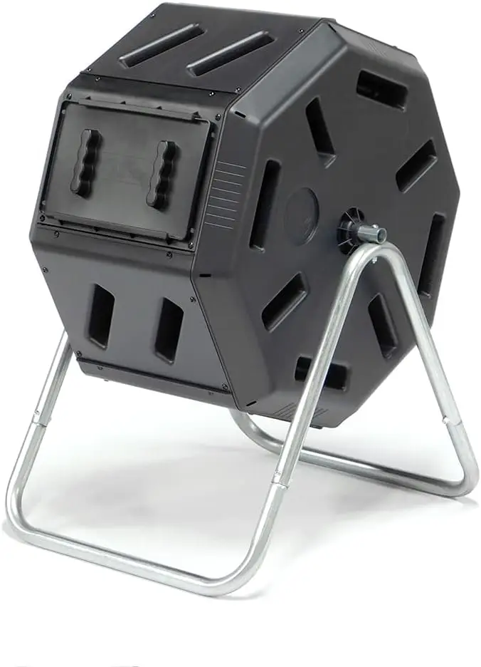 

Outdoor Rotating Compost Tumbler Bin, 22 Gallon Black, Made from Recycled Resin for Garden and Kitchen Waste