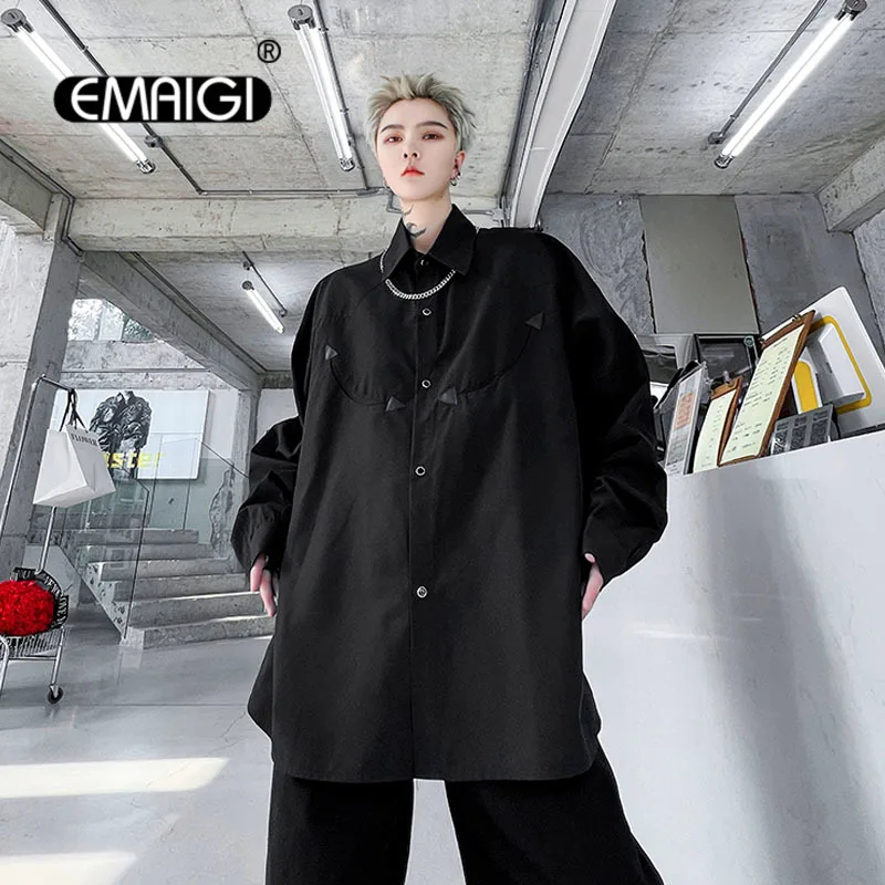 Net Celebrity Leather Splice Shirt Men's Dark Streetwear Fashion Loose Casual Long Sleeve Shirts Oversize Dress Shirts for Women