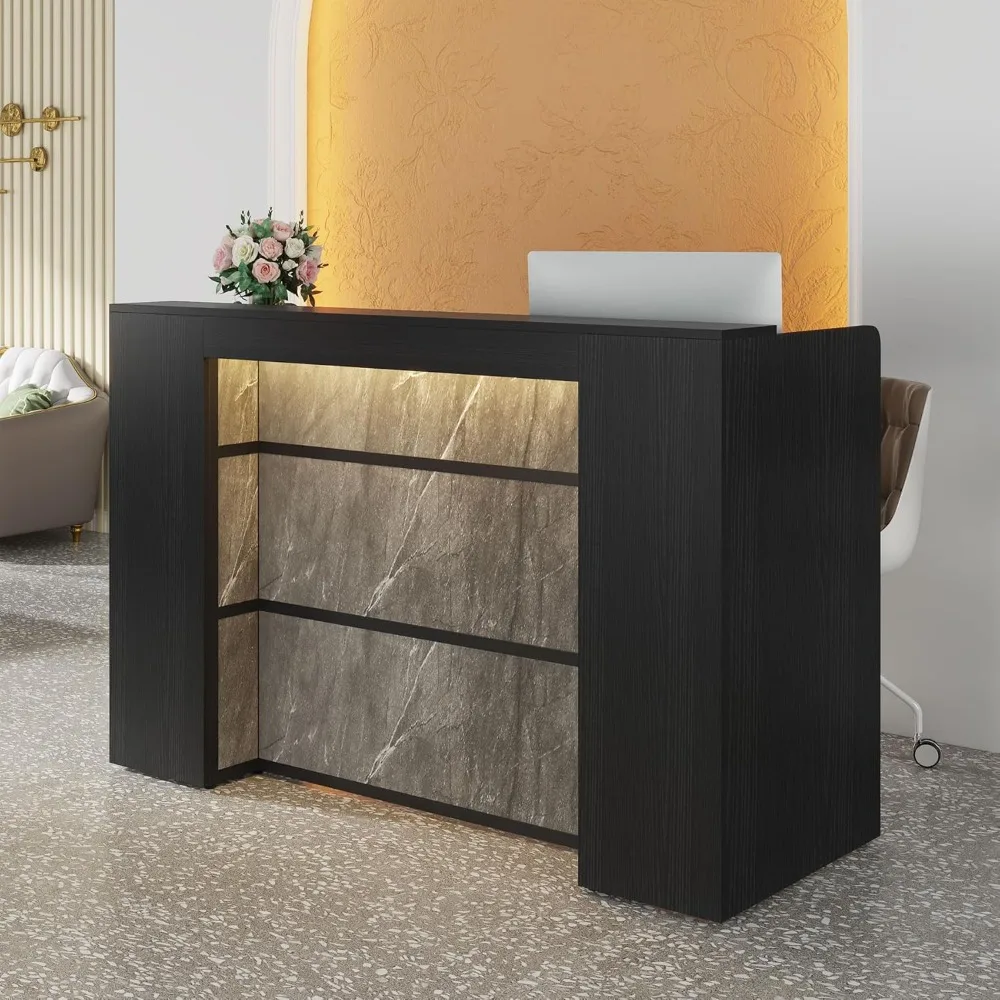 

Reception Desk with LED Lights, 63 Inches Front Counter Desk for Checkout, Lobby, Salon, Retail, Modern Large Counter Table