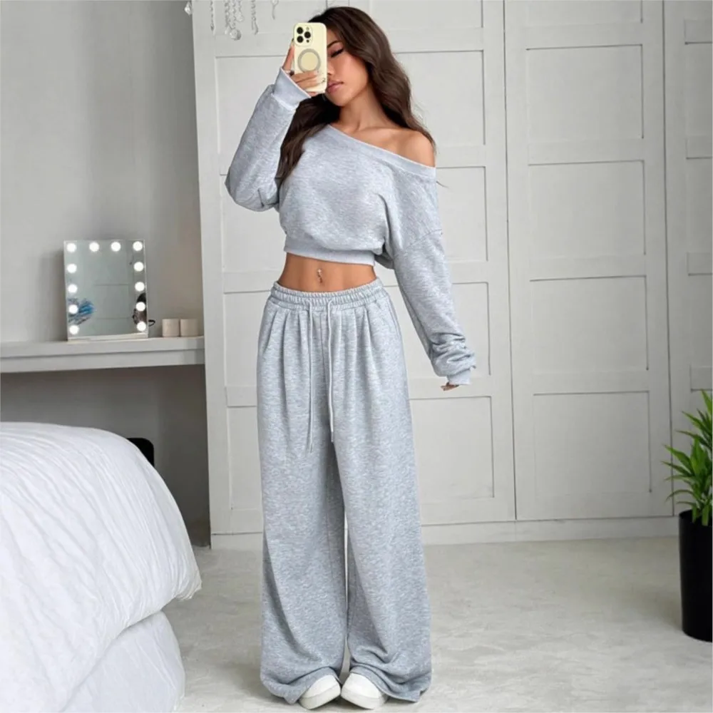 Casual One-shoulder Long-sleeved Sweatshirt Women's Suit Autumn New Fashion Elastic Waist Tie Loose Sports Trousers 2-piece Set