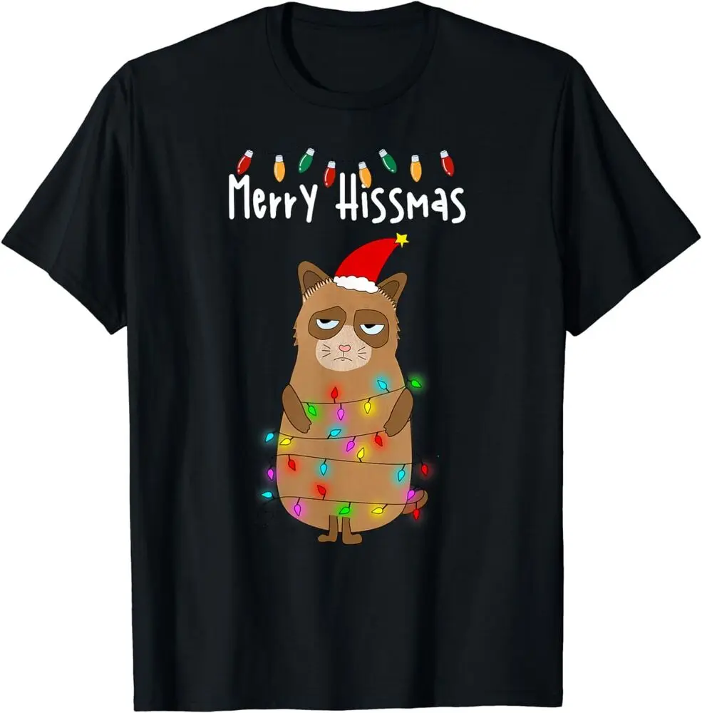 NEW LIMITED Funny Christmas Merry Hizzmas Cat Holiday Lights Gift T-Shirt S-3XL