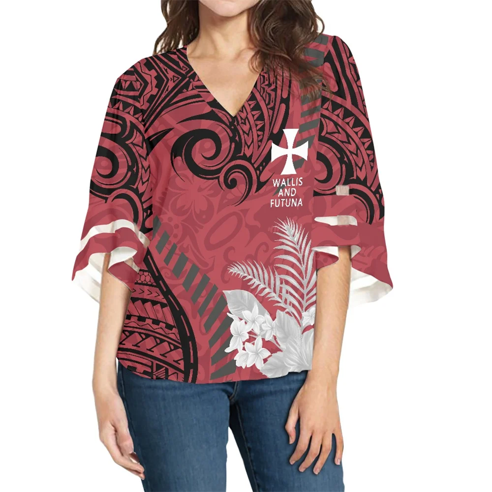 

Summer Women Chiffon Top Half Sleeve Ladies V-neck Loose Blouse Polynesian Tribal Wallis And Futuna Floral Red Print Blouse