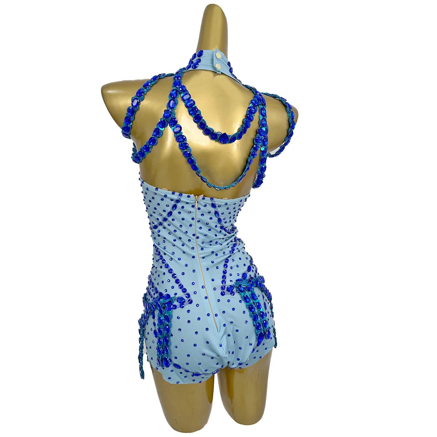 Mono Mujer Blue Rhinestone Fringes Party Jumpsuits ลากแสดง Playsuits เทศกาลเครื่องแต่งกายผู้หญิงเต้นรํา Leotard ประสิทธิภาพ Bodysuit