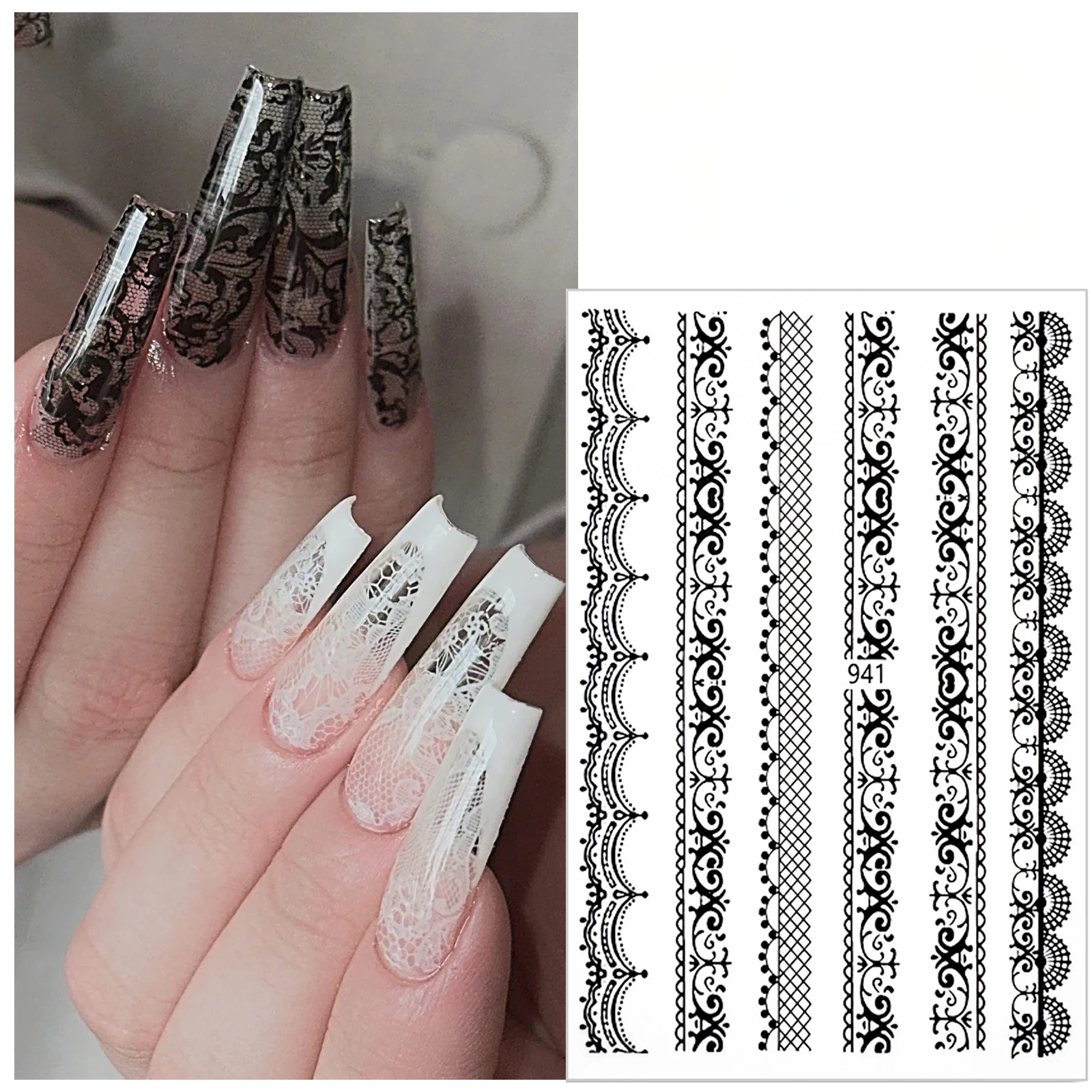 Black White Lace Nail Stickers Back Adhesive Waterproof Decals Manicure DIY Lace Decorations Accessories