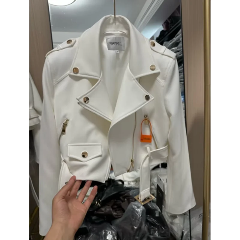 Spring And Autumn New Joker Suit Female Short Slim Long Sleeve Motorcycle Jacket Comfortable And Elegant V-neck Button Jacket