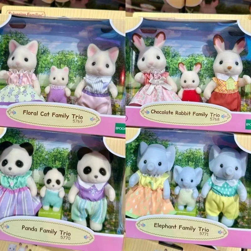 Sylvanian Families Panda Elefantes Familia de tres figuras de Anime lindo juguete de ensamblaje para niños juguetes para jugar a las casitas regalos de cumpleaños