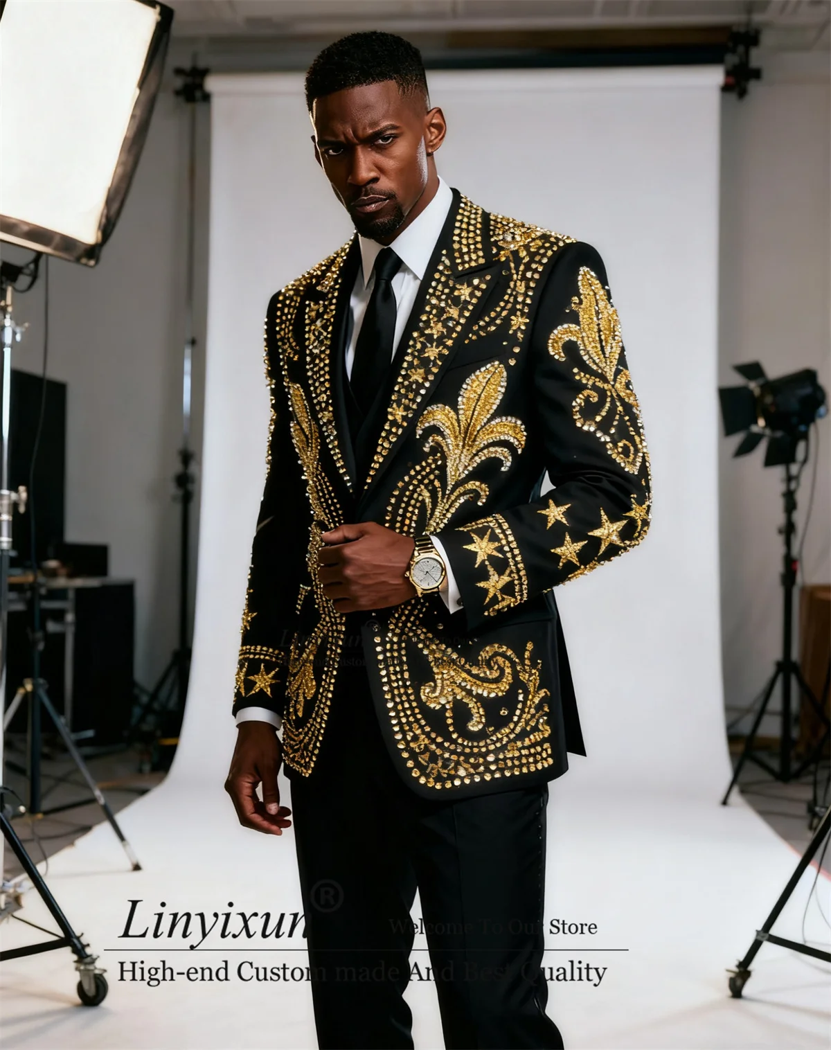 

Stunning Diamond Crystals Men Suit 3 Pieces Sets Groom Male Prom Blazers Slim Fit Floars Tuxedos Customized Wedding ropa hombre