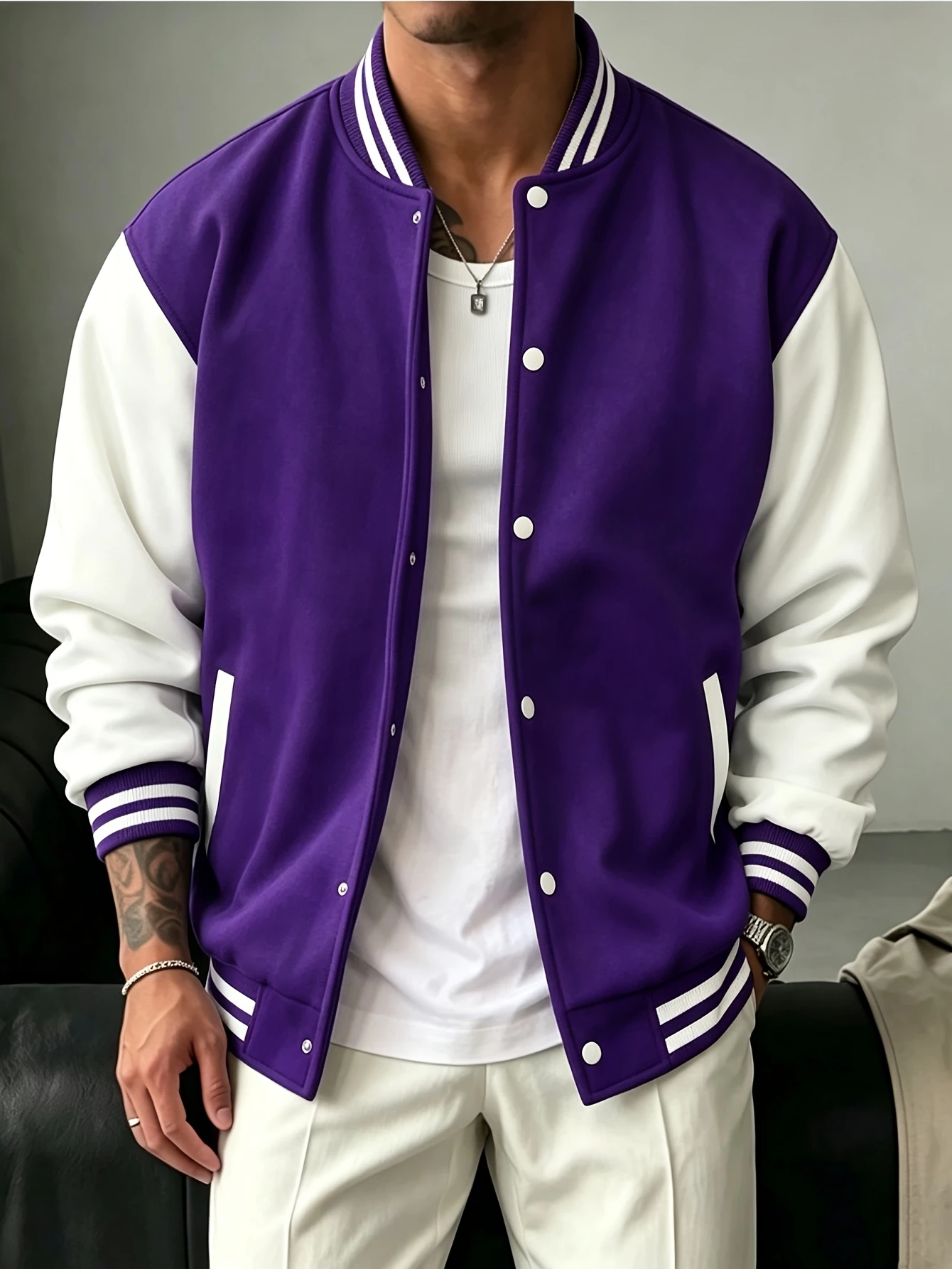 Autumn Men'S Baseball Jacket, Casual Color-Block Striped Collar Coat, Fall Winter Versatile Outerwear