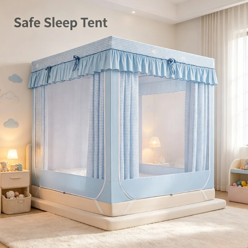 Blue Plaid Square Top Mosquito Net Full Enclosure Privacy Bed Canopy for Bedroom Home Use