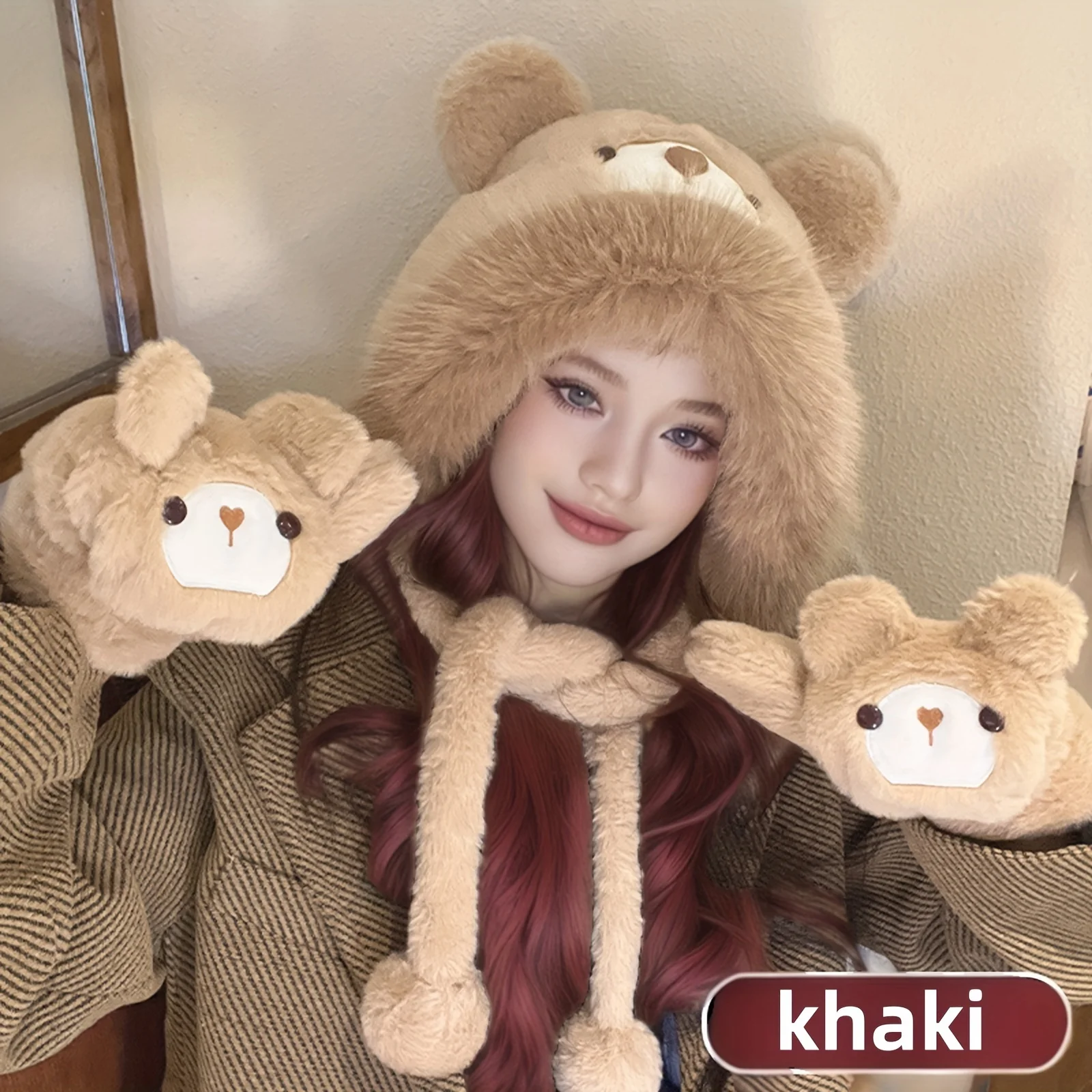 طقم قفازات وقفازات شتوية لطيفة على شكل دمية دب قطيفة مكونة من قطعتين، مع قبعة دافئة سميكة مقاومة للرياح والبرد وحماية الأذن