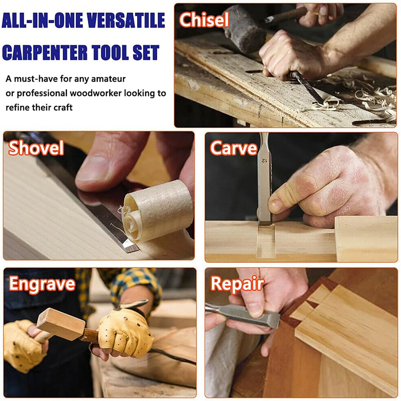 مجموعة إزميل خشبية مكونة من 10 قطع، مع دليل شحذ واحد وحجر شحذ و2 قلم رصاص نجار، شفرات CR-V المعالجة بالحرارة للمنزل DIY