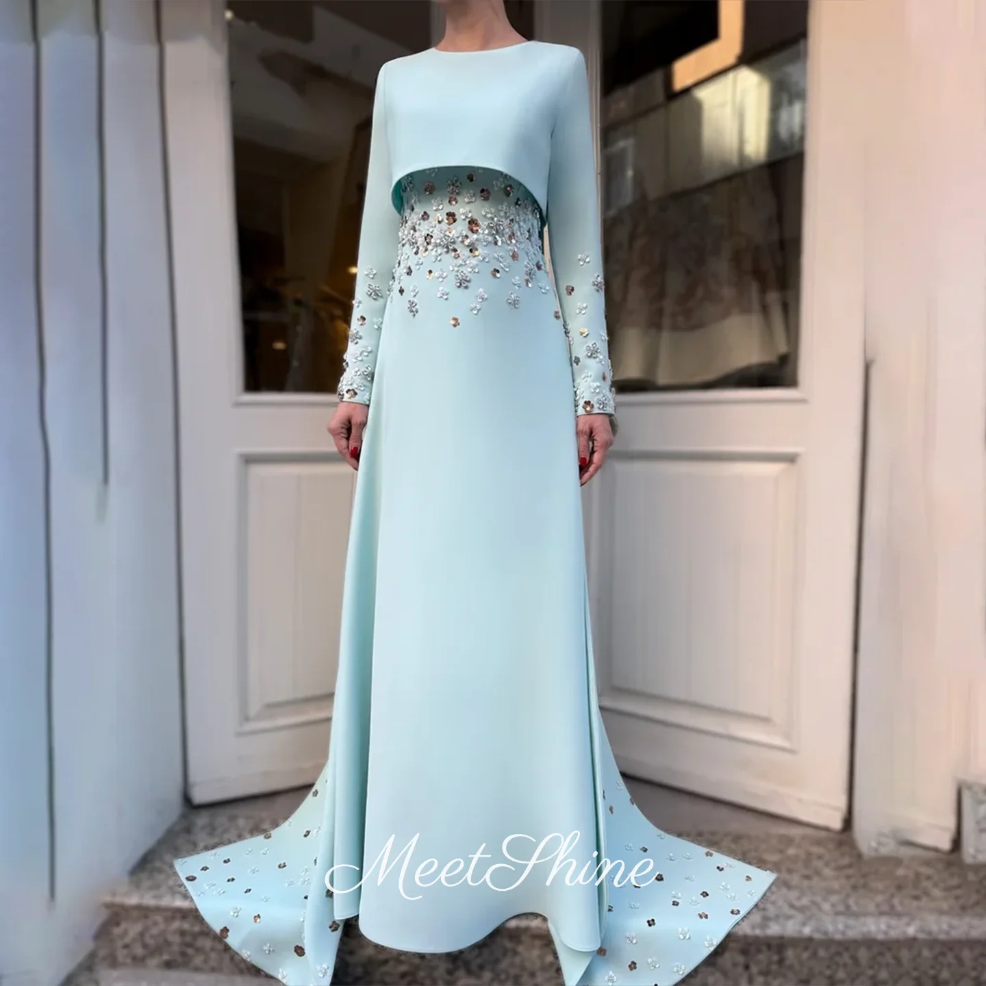 

Sky Blue O-neck Long Sleeve Satin Crystal Evening Dress Elegant Long Straight 3D Flower Formal Wedding Prom Dress Customized
