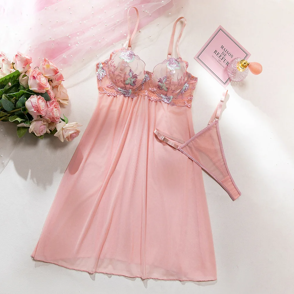 

Flower Embroidery Sexy Erotic Set Women See Through Lingerie Night Dress Set Elegant Mesh Underwear Sleepwear Sexy Costumes