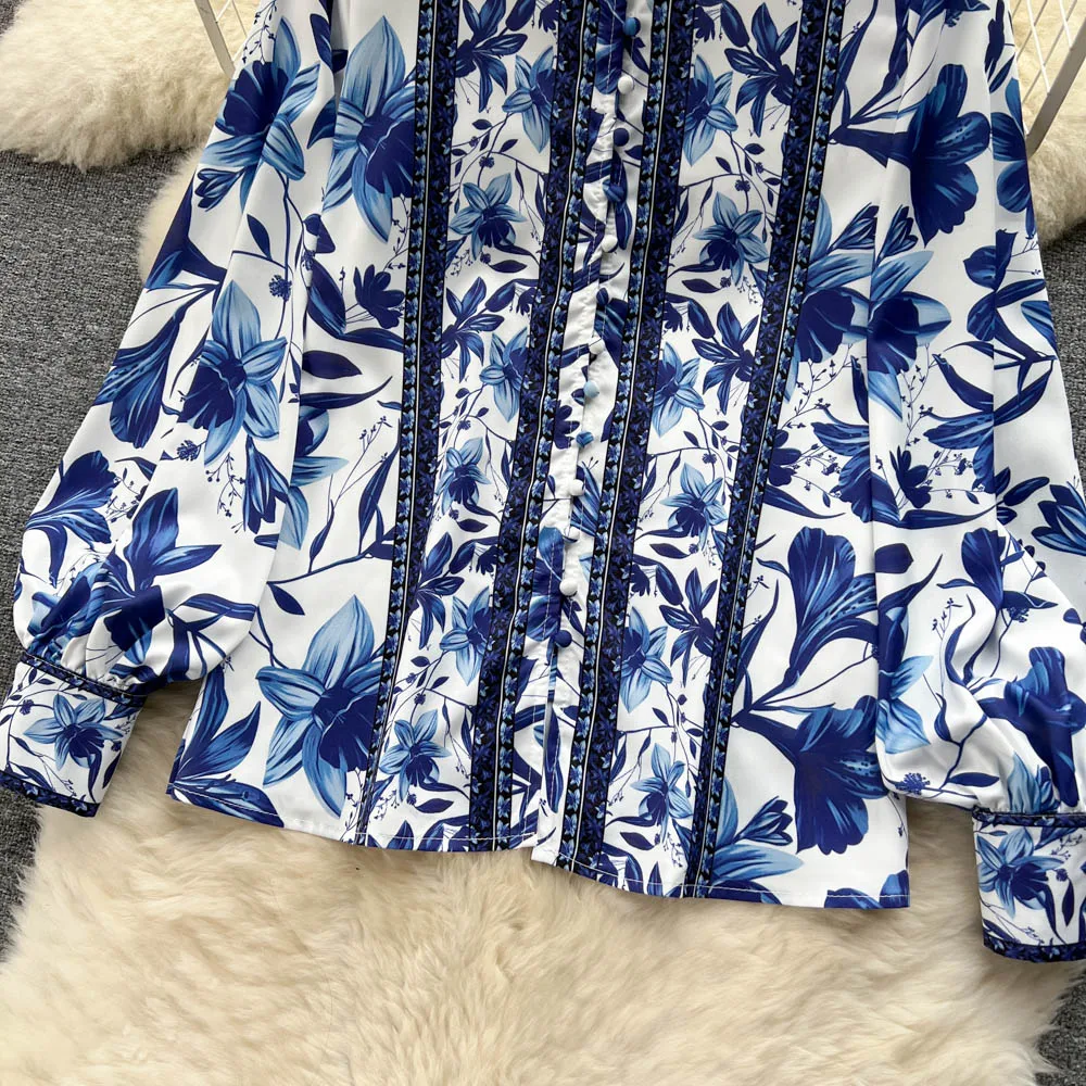 Runway Autumn Short Set Women Long Sleeve Floral Shirt and Pocket A-Line Shorts Two Piece Outfits for Women Matching Sets N6257