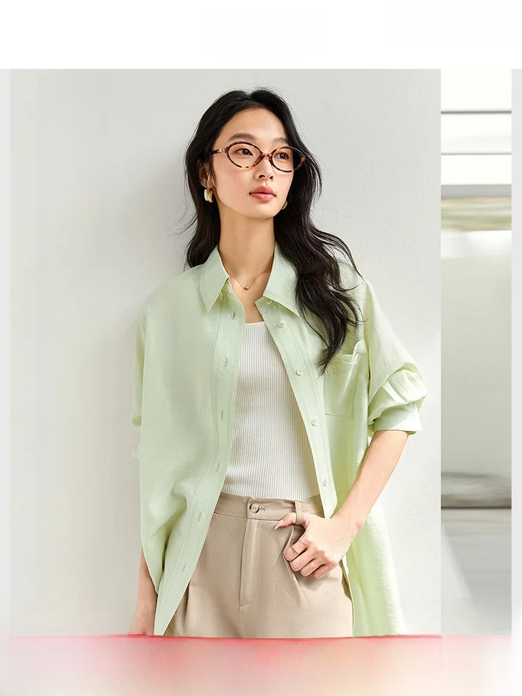 

Casual Loose Women's Shirt Fashion Light Green Pocket Irregular Design Spring New Style Slimming Blouse Long Sleeve Button up