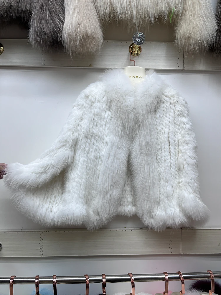 Chaqueta de piel de conejo 2024 Natural para mujer, abrigo tejido con cuello de piel de zorro Real, ropa de lujo