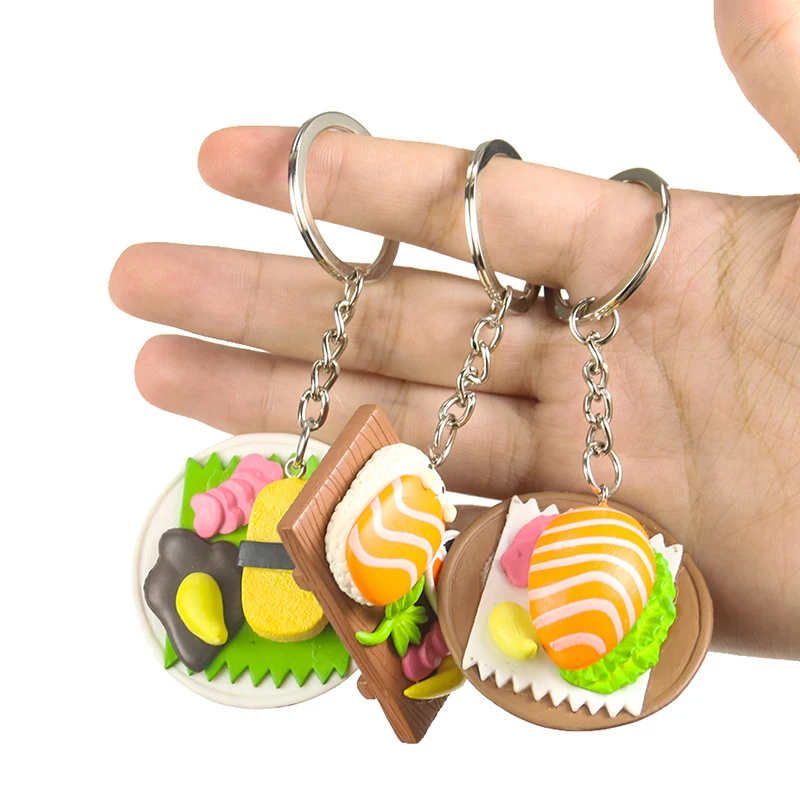 Cartoon Simulation Japan Cuisine Sushi Salmon Sashimi Sandwich PVC Resin Key Chain Funny Hamburger Food Car Key Holder Jewelry