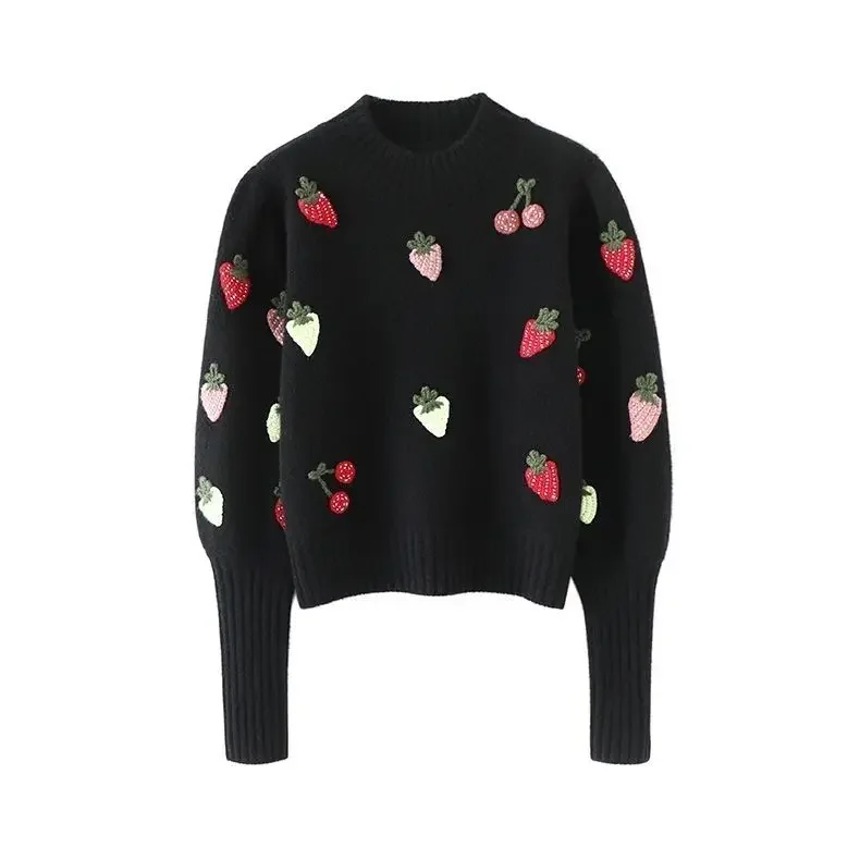 

2024 autumn and winter new high-end round bottom sweater for women, niche design hook flower strawberry knit sweater,