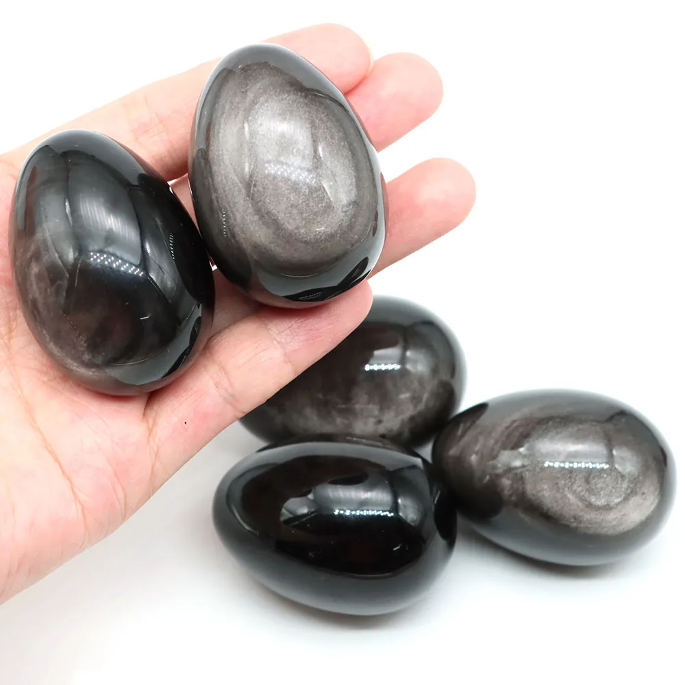 34x49mm Yoni Egg Statue Natural Silver Obsidian Crystal Stone Chakra Reiki Energy Quartz Mineral Specimen Home Decor Easter Gift