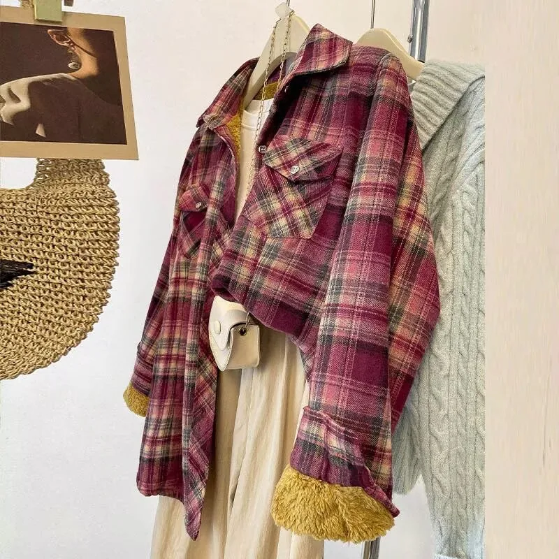 

Woman Blouses Woman Clothes New Coat Plus Velvet Padded Long-sleeved Mother Warm Plaid Shirt Autumn and Winter Shirt Joker Coat