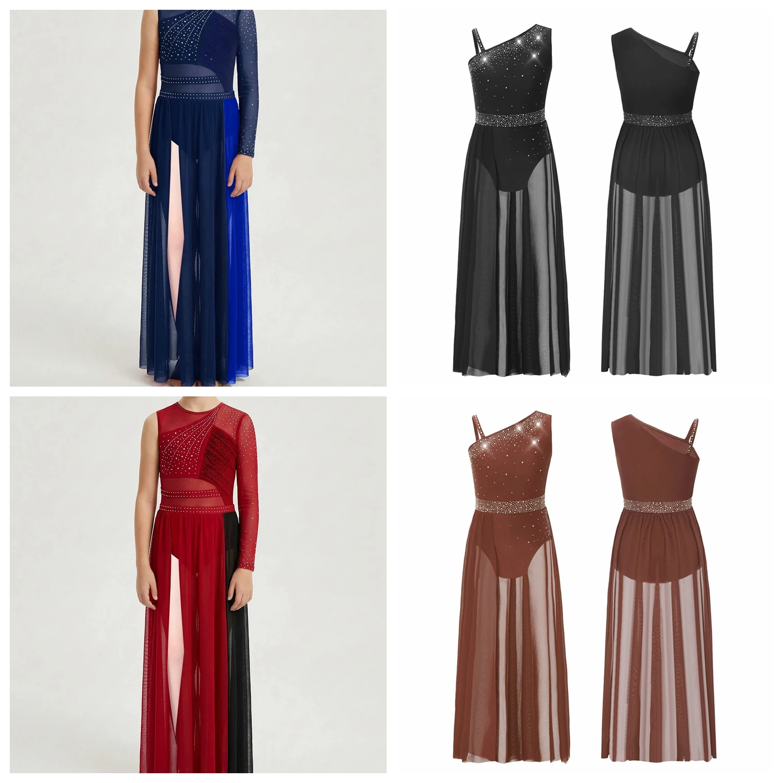 Modernes Mesh-Tanzkostüm für Mädchen mit Funkelnden Strass-Steinen, Eiskunstlauf-Kleid, Tanzbekleidung, Kinder-Ballett-Trikot-Kleid